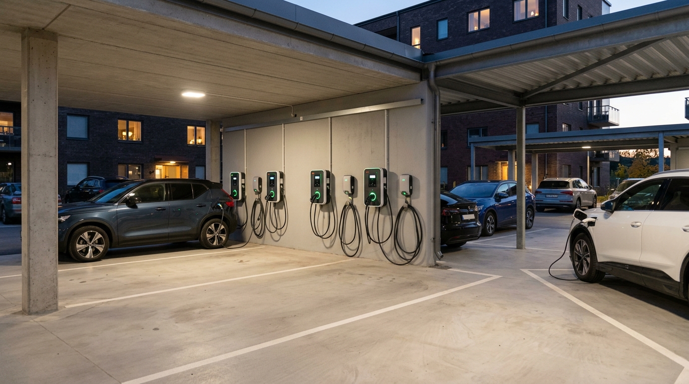 Rad av moderna laddboxar monterade i en carport för ett flerbostadshus