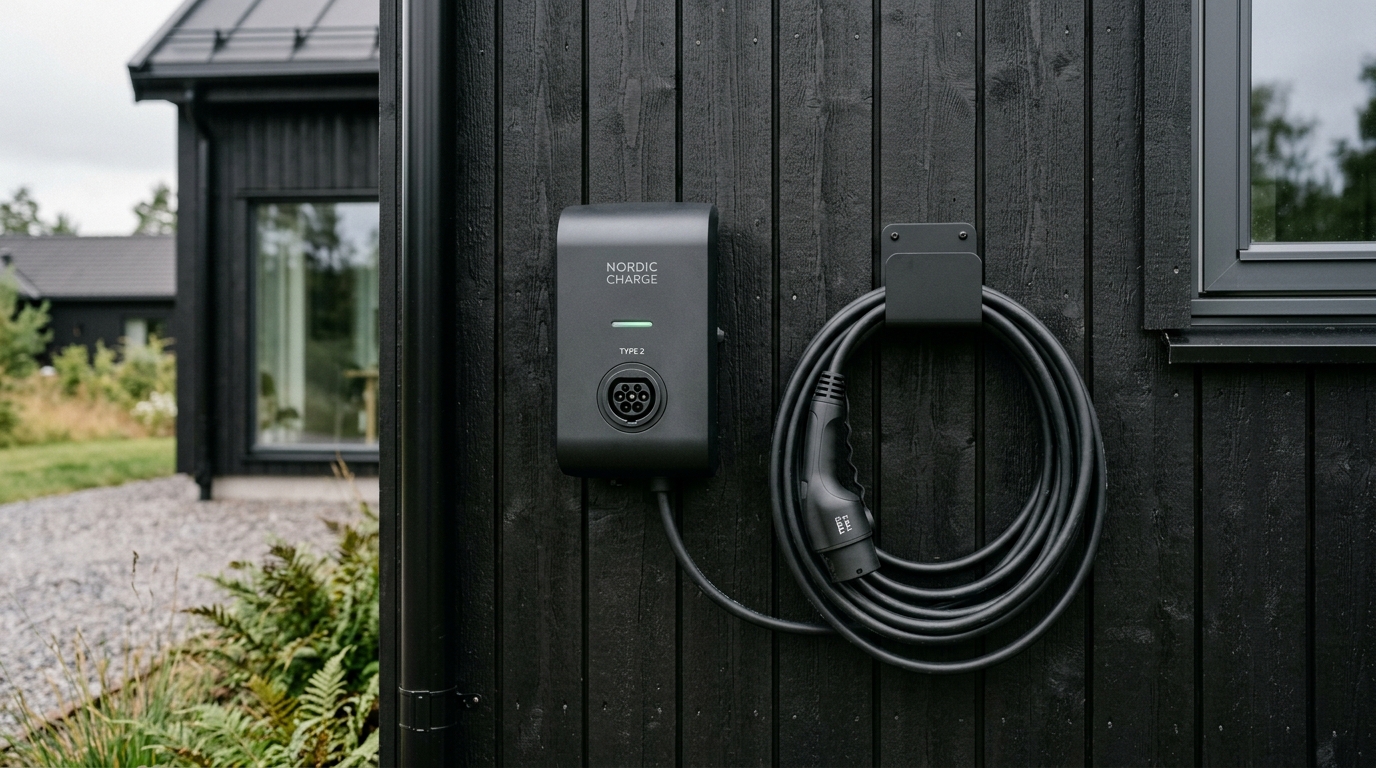 Minimalistisk skandinavisk laddbox med Typ 2-uttag och upphängd laddkabel på svart träpanel