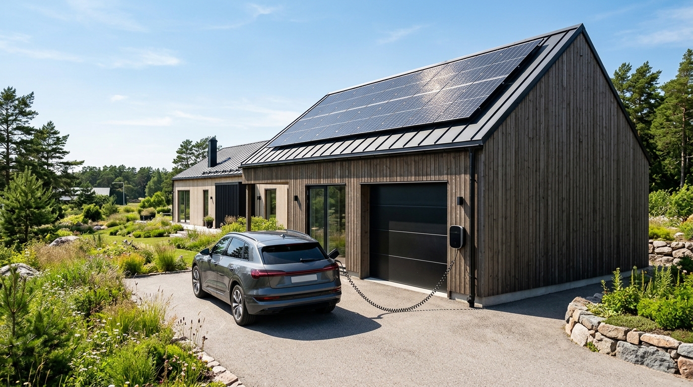 Modern laddbox monterad på husfasad med solceller i bakgrunden