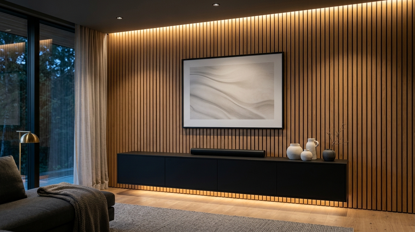 Akustikpanel i trä med soundbar och minimalistisk mediabänk i hemmabiorum